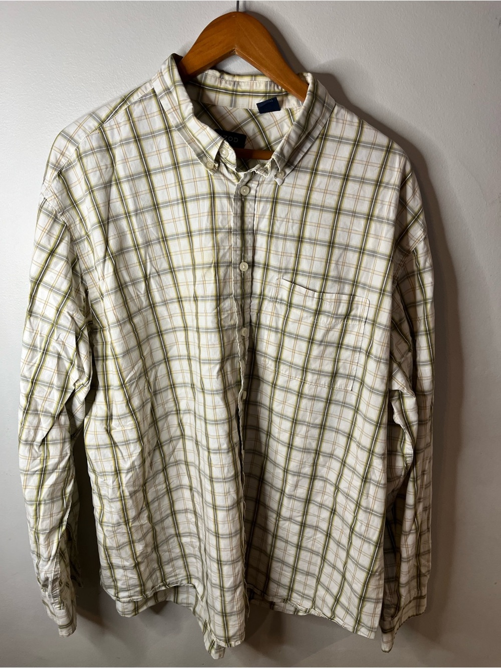 Izod Button-Down Shirt - Cream & Olive Plaid Men’s XXL